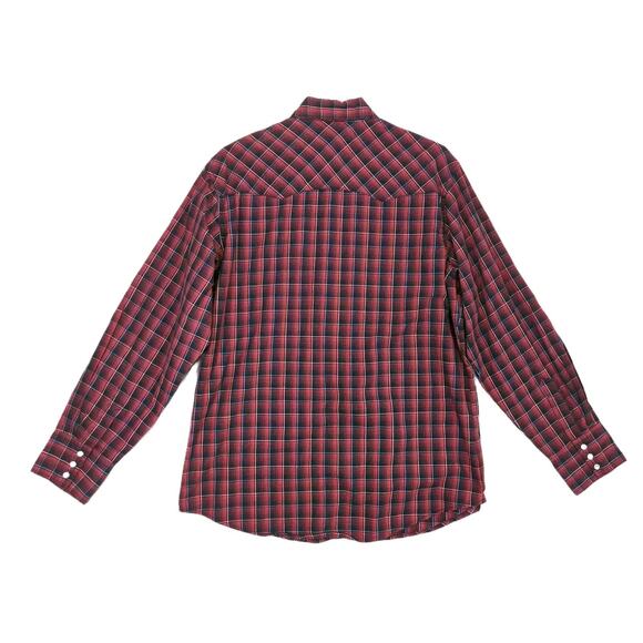 Wrangler Wrancher Men's L Pearl Snap Maroon Black Plaid Western Collared Shirt - Picture 2 of 6